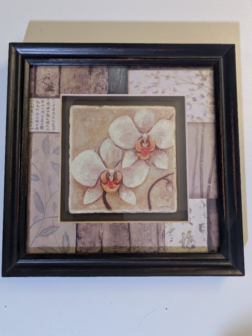 Vintage Kohler Orchid Flower Framed & Matted Painted Ceramic Tile